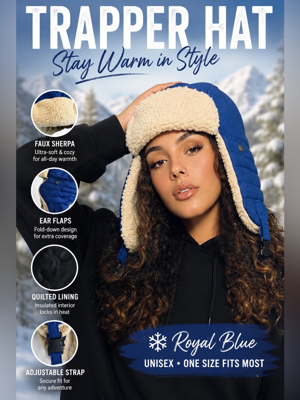 Brand New Royal Blue Trapper Hat | Faux Shearling Sherpa Aviator Cap